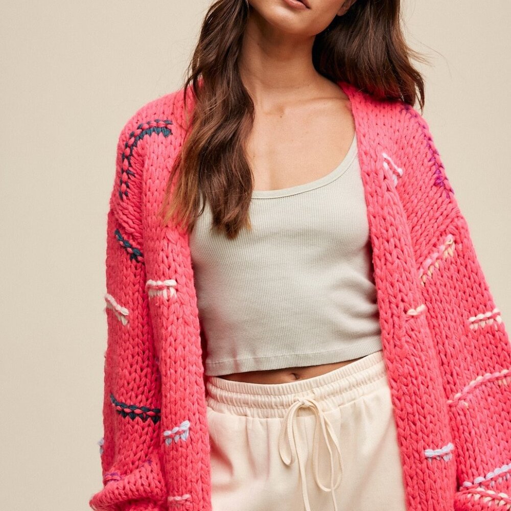 Hot Pink Chunky Hand Crochet Boho Front Pocket Cardigan